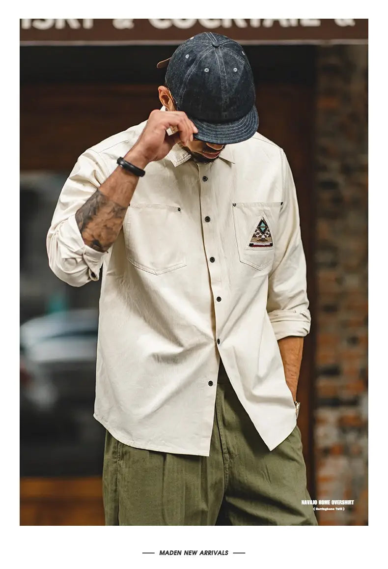 Men’s Retro Indian Totem Creamy-white Long-sleeved Shirt