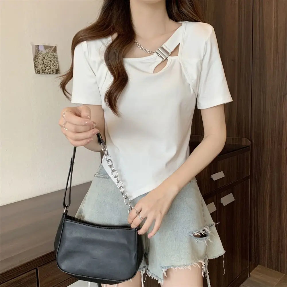 Slim Fit And Thin Cover Belly Hot Girl Irregular Short-sleeved T-shirt For Women