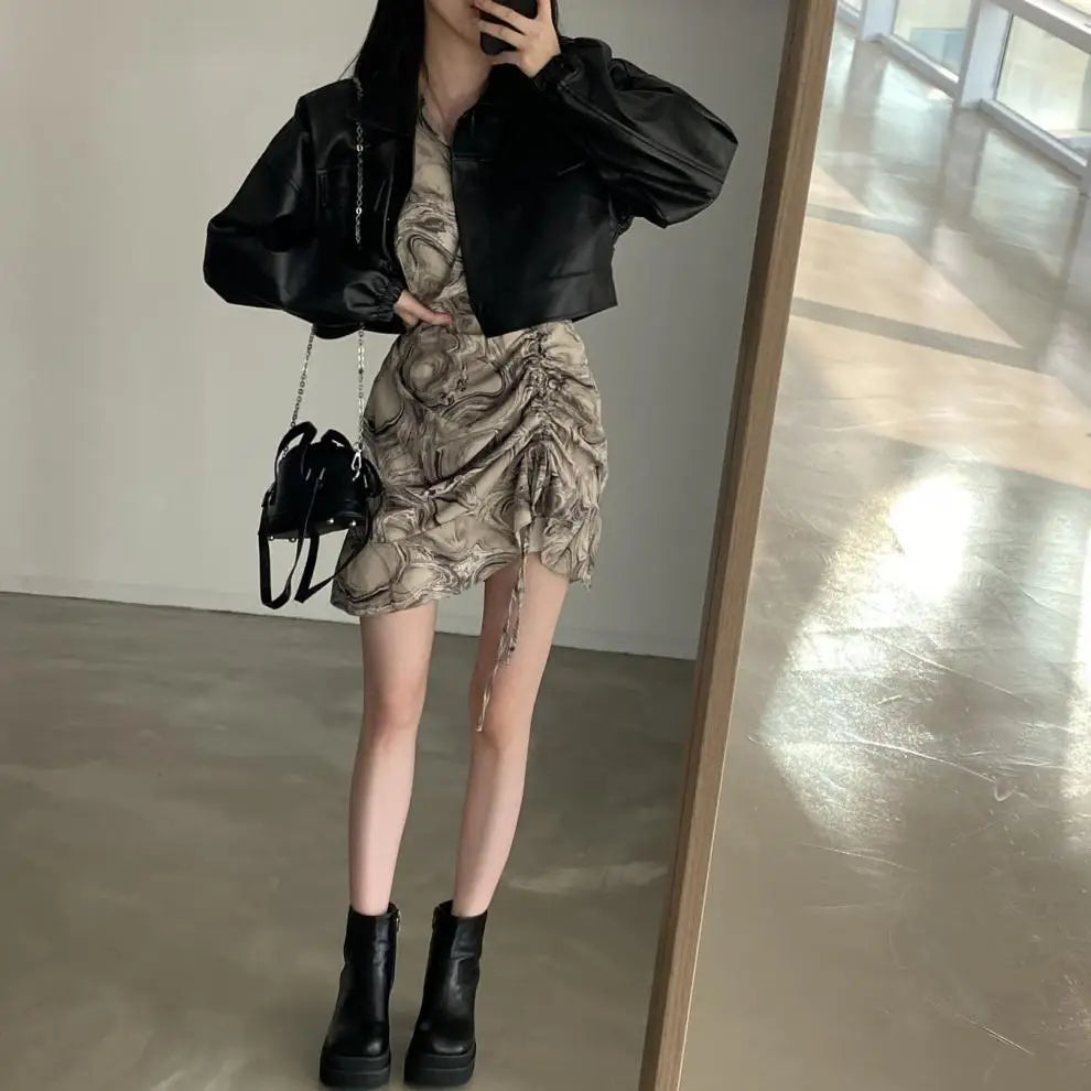 Chic Lapel Double Pocket Leather Top Leather Coat