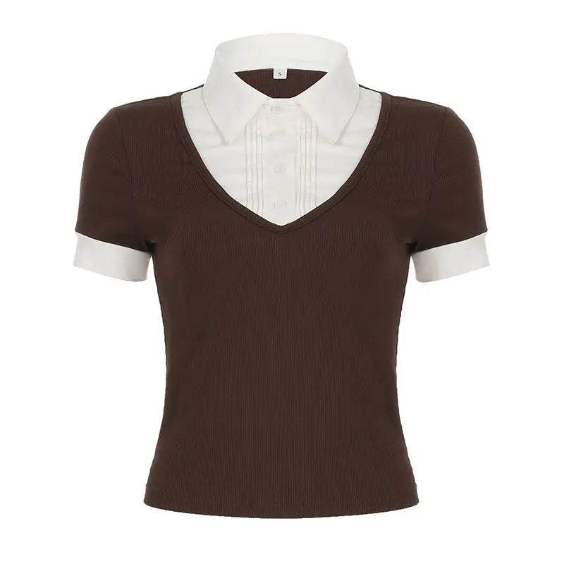 American Retro Polo Collar Stitching Fake Two Pieces Short Sleeve T-shirt For Women