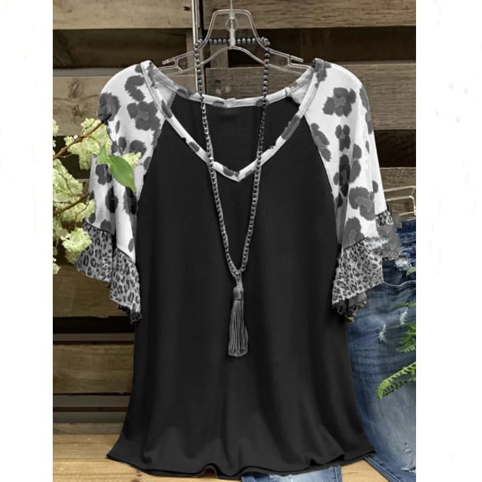 Waffle V-neck Leopard Print Stitching Casual Half Sleeve T-shirt Top
