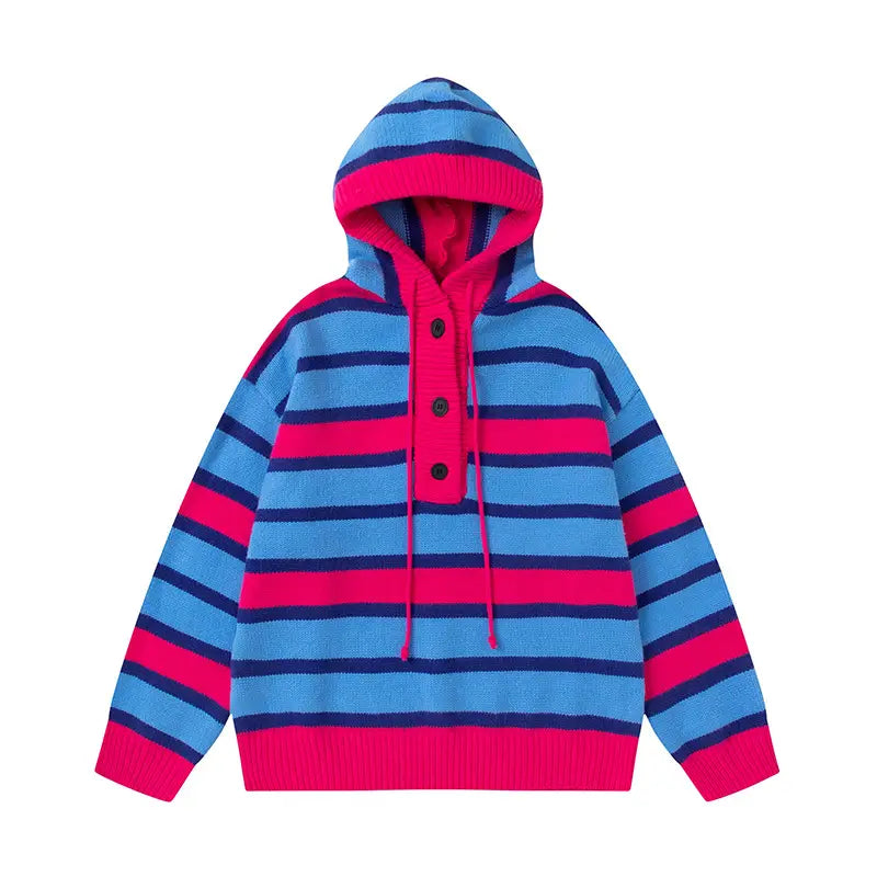 Winter New Vintage Stripe Loose Hooded Pullover Sweater