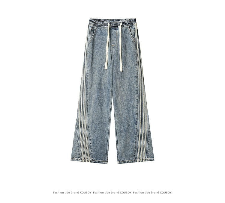 Light Blue Side Three Bars Straight Jeans Men