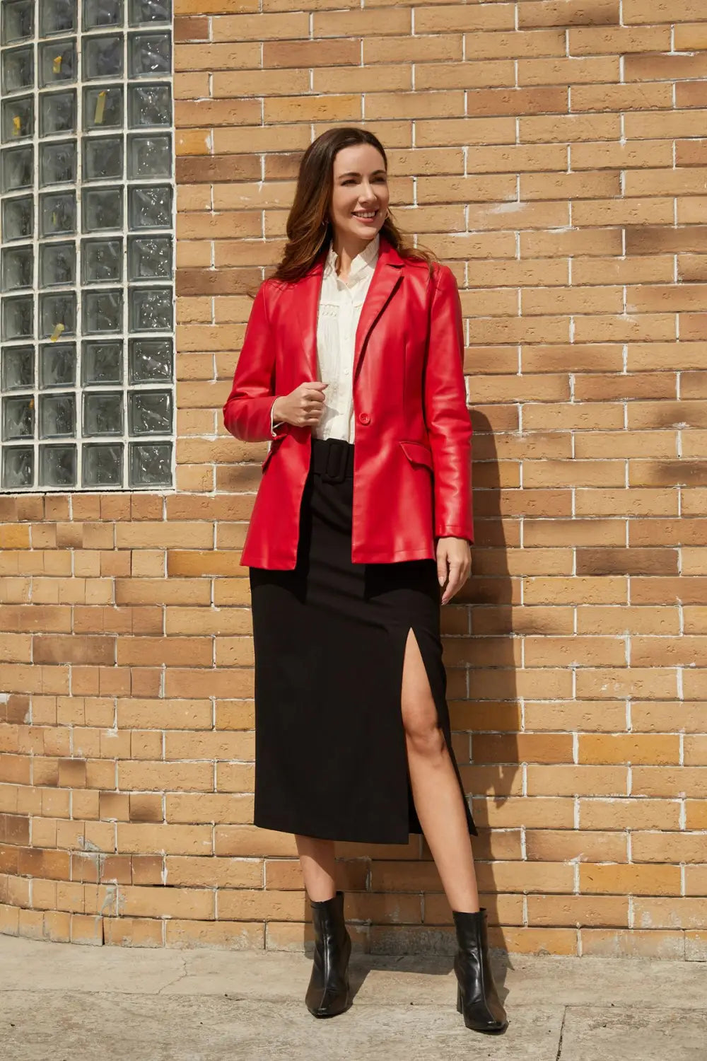Single Button Commute Leisure Solid Color Leather Coat