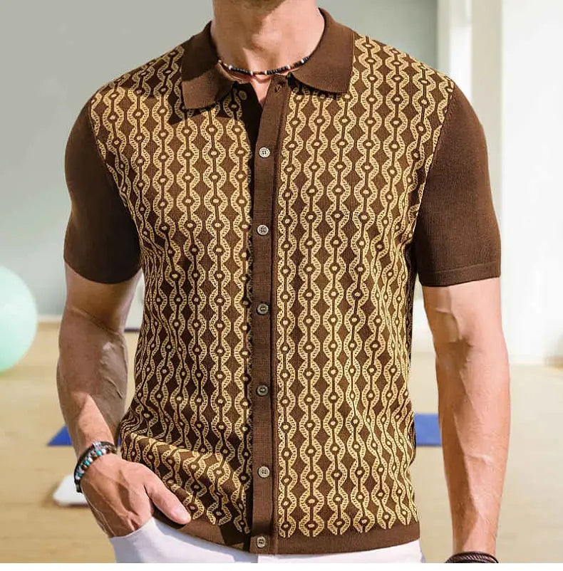 Summer Tencel Short-sleeved Sweater Lapel Jacquard Cardigan For Men