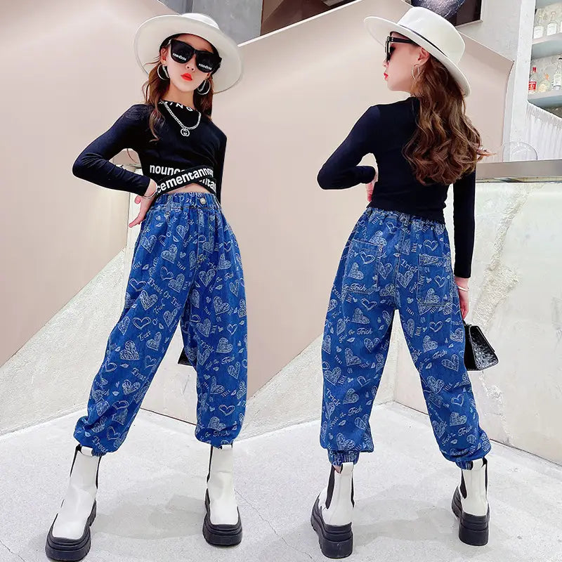 Girls’ Suit Western Style Big Kids Autumn Loose Jeans Big Kids Long-sleeved Bottoming Shirt