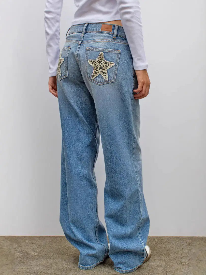 Retro Street Leopard Print XINGX Patchwork Stitching Straight Jeans