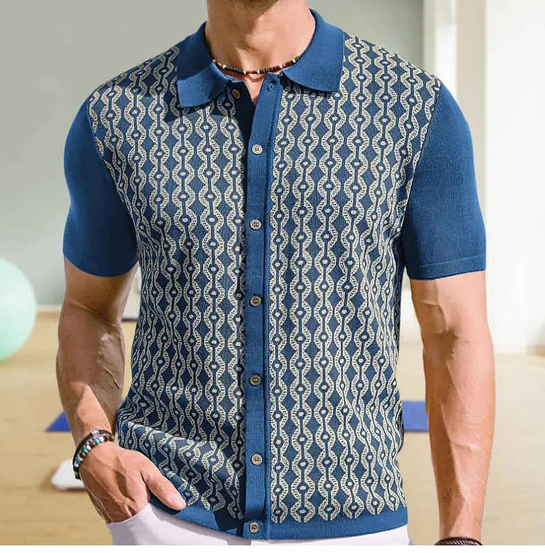 Summer Tencel Short-sleeved Sweater Lapel Jacquard Cardigan For Men