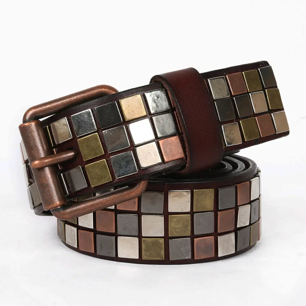 Hairdresser’s Top Layer Leather Flat Studded Belt With Square Patch