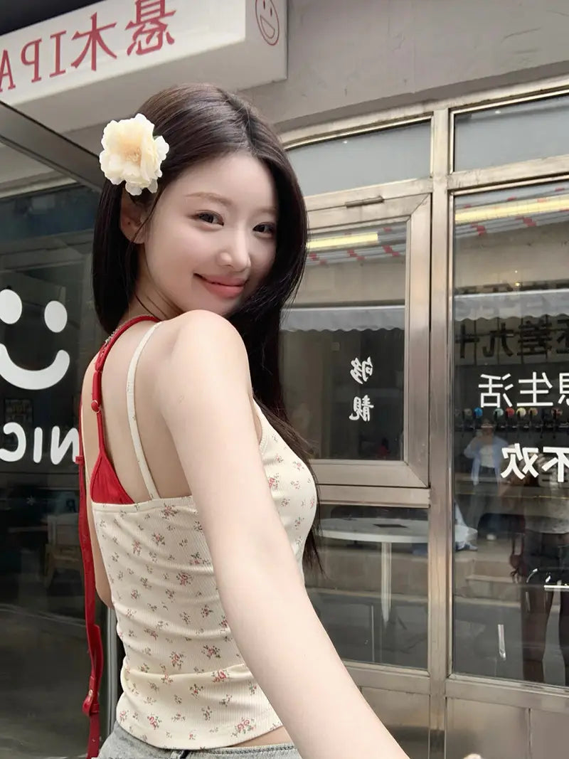 Pure Desire Style Fake Two Pieces Floral Spaghetti Straps Outerwear Slimming Summer Vest