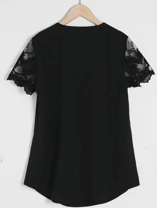 Contrast Lace Tucked Blouse Casual V Neck Short Sleeve Blouse