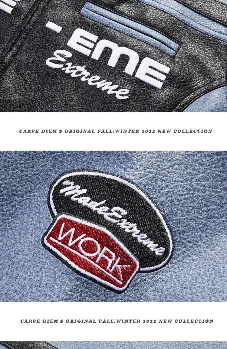 American-style Heavy Stitching Contrast Color PU Leather Motorcycle Clothing Coat Men And Women Fashion