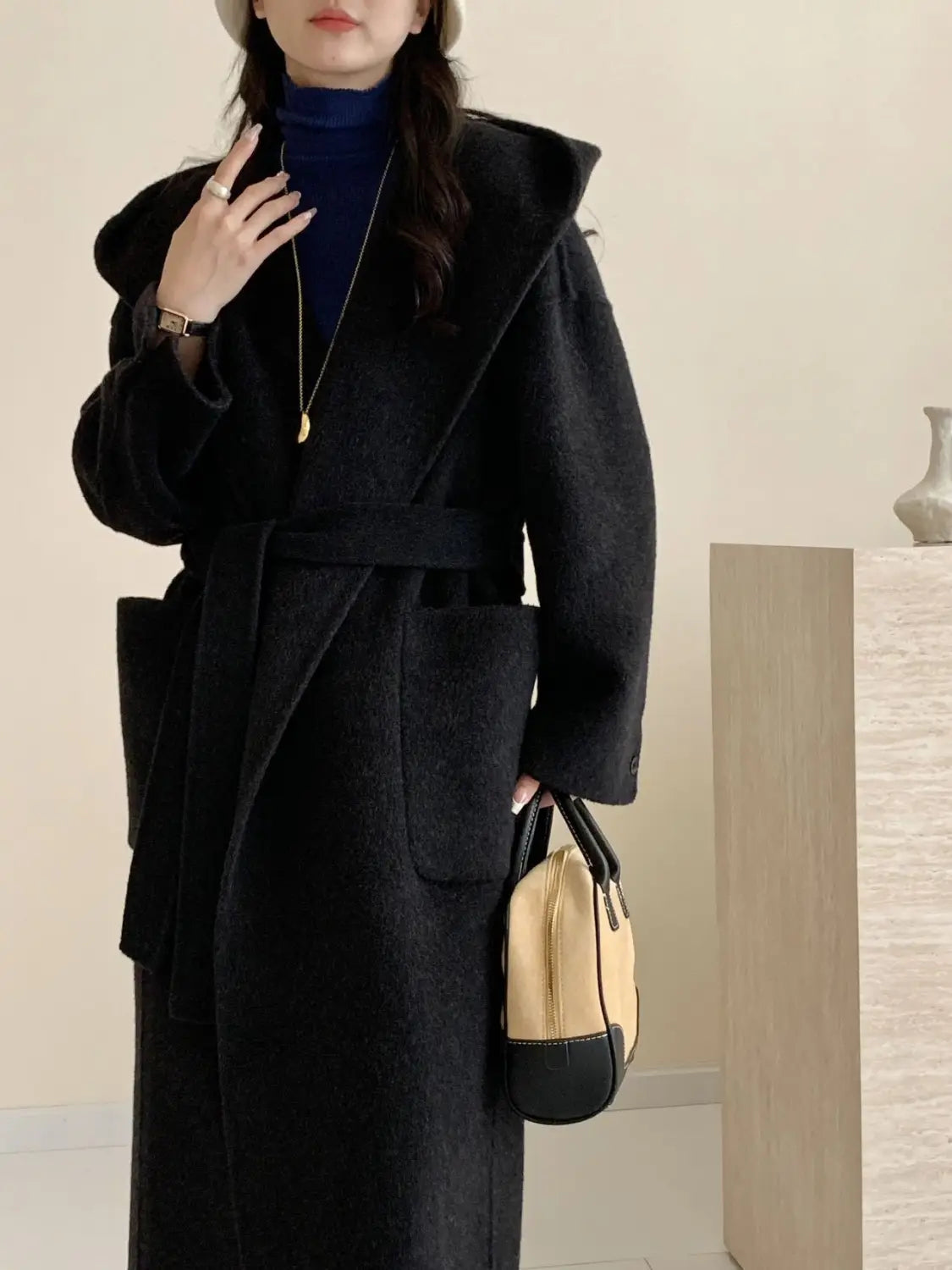 Solid Color Hooded Double-sided Wool Overcoat Women