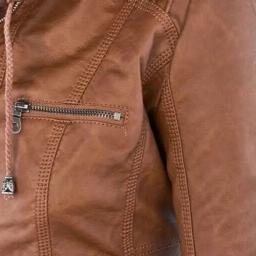 Women’s Detachable Lapel Long Sleeve Solid Color Zipper Leather Jacket Coat