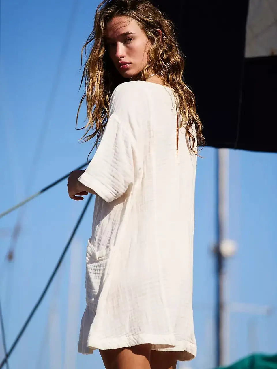New Slub Cotton Ruffled V-neck Pocket Beach Sun Protection Blouse For Women