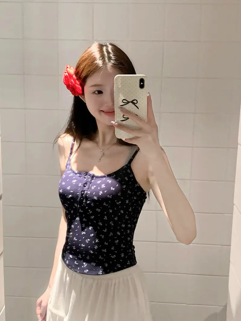 Pure Desire Style Fake Two Pieces Floral Spaghetti Straps Outerwear Slimming Summer Vest