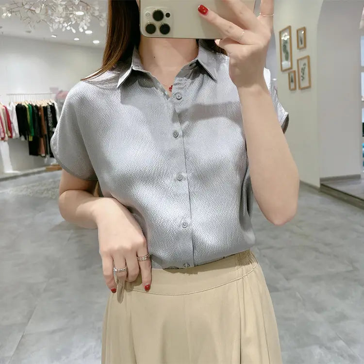 Pearl Satin Shirt Reverse Collar Single-breasted