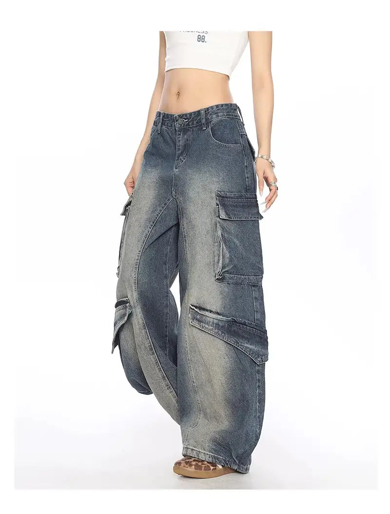 Washed Multi-pocket Denim Matchet Pants
