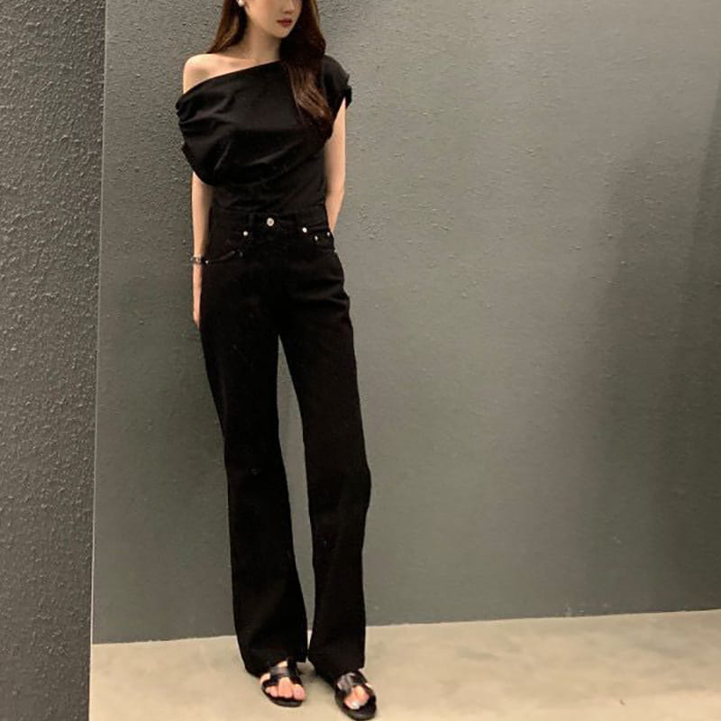 Irregular Shoulder Design Loose Solid Color Pullover Short Sleeve T-shirt