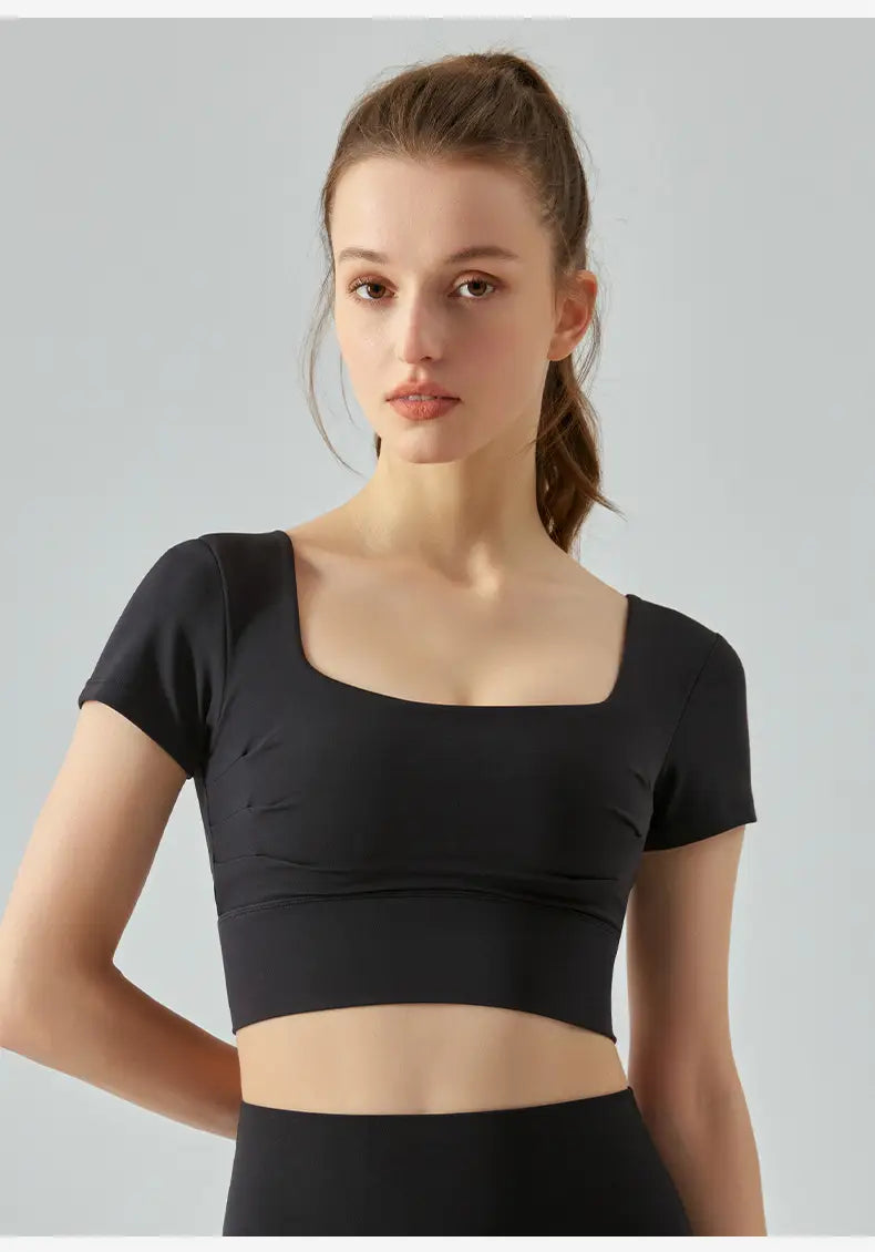Hollow-out Beauty Back Yoga Short Sleeve Women’s Removable Chest Pad Workout Top