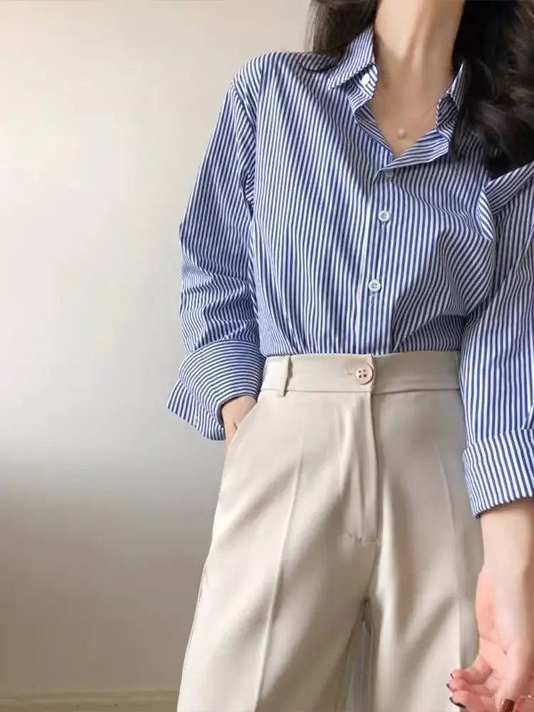 Blue Professional Striped Shirt For Women