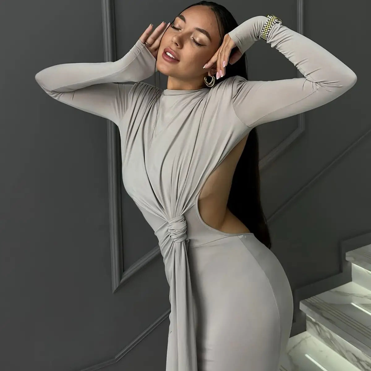 Women’s Sexy Hot Girl Back Hollow-out Slim-fit Long Sleeve Dress