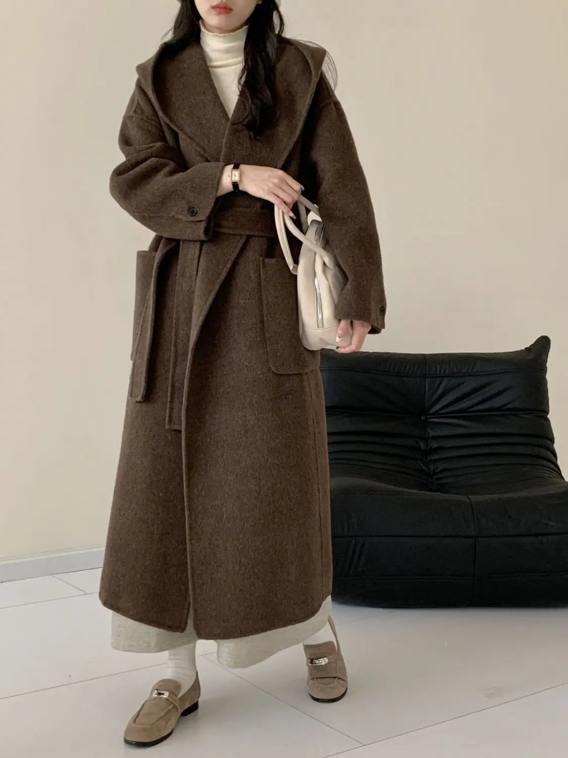 Solid Color Hooded Double-sided Wool Overcoat Women