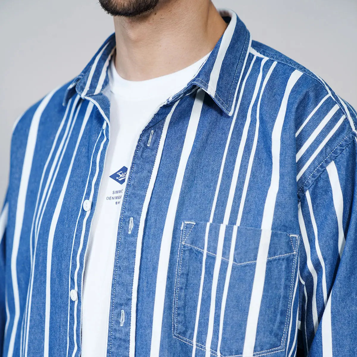 Men’s Loose-fit Autumn Washed Striped Denim Shirt With Chest Pockets