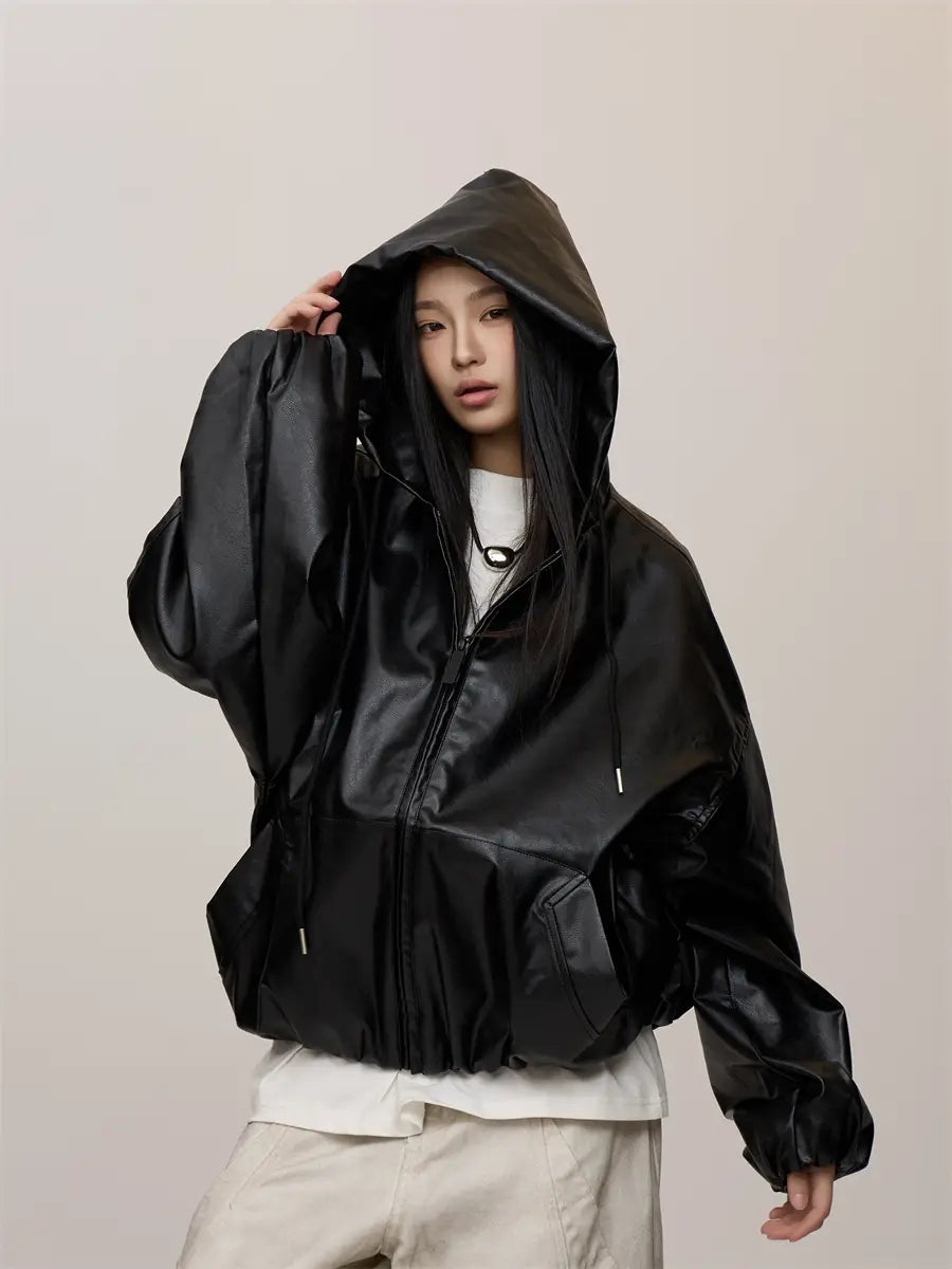 Women’s Black Hooded Leather Coat