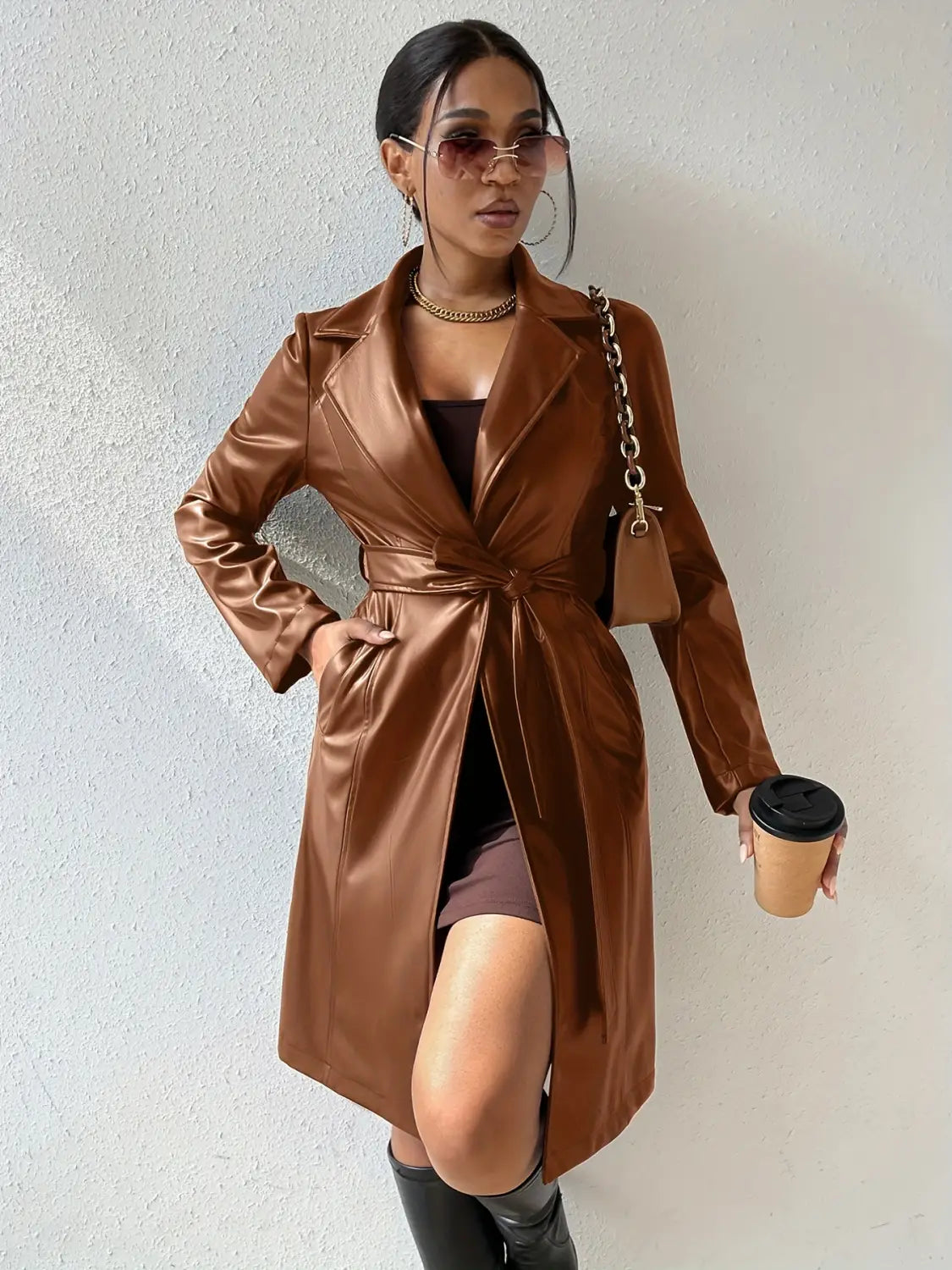 PU Long Sleeve Women’s Slim Fit Long Trench Coat
