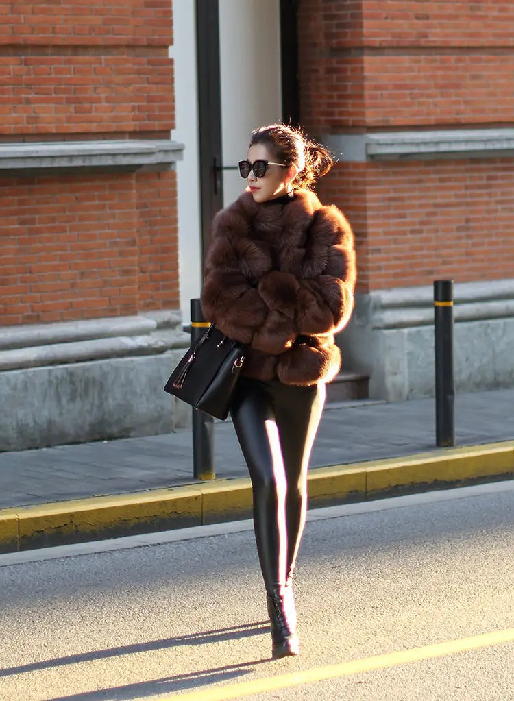 Fox Fur Slimming Stand Collar Splicing Coat