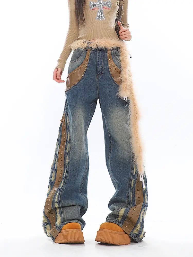 Retro Washed Heavy Niche Deconstructed Leather Patchwork Jeans