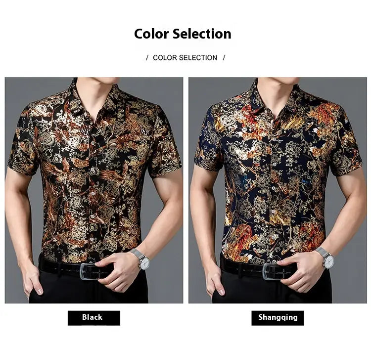 Summer Men’s Middle-aged Printed Shirt Short Sleeve Stretch Ice Silk Leisure