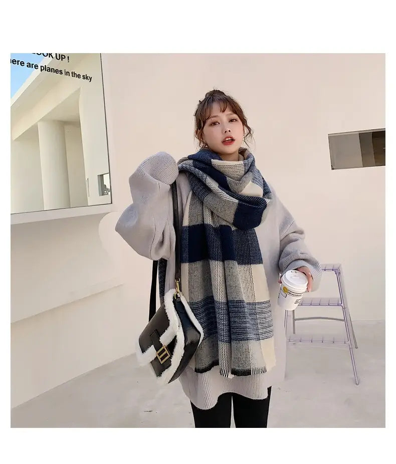 Women’s Japanese-style White And Blue Plaid Scarf