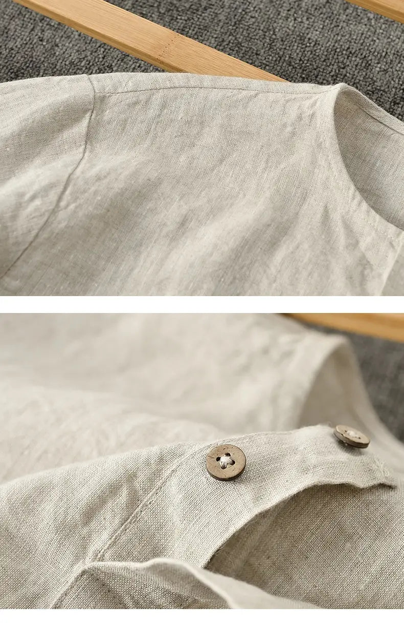 Casual Linen Men’s Simple Round Neck 34 Sleeves Linen T-shirt Loose Breathable Top