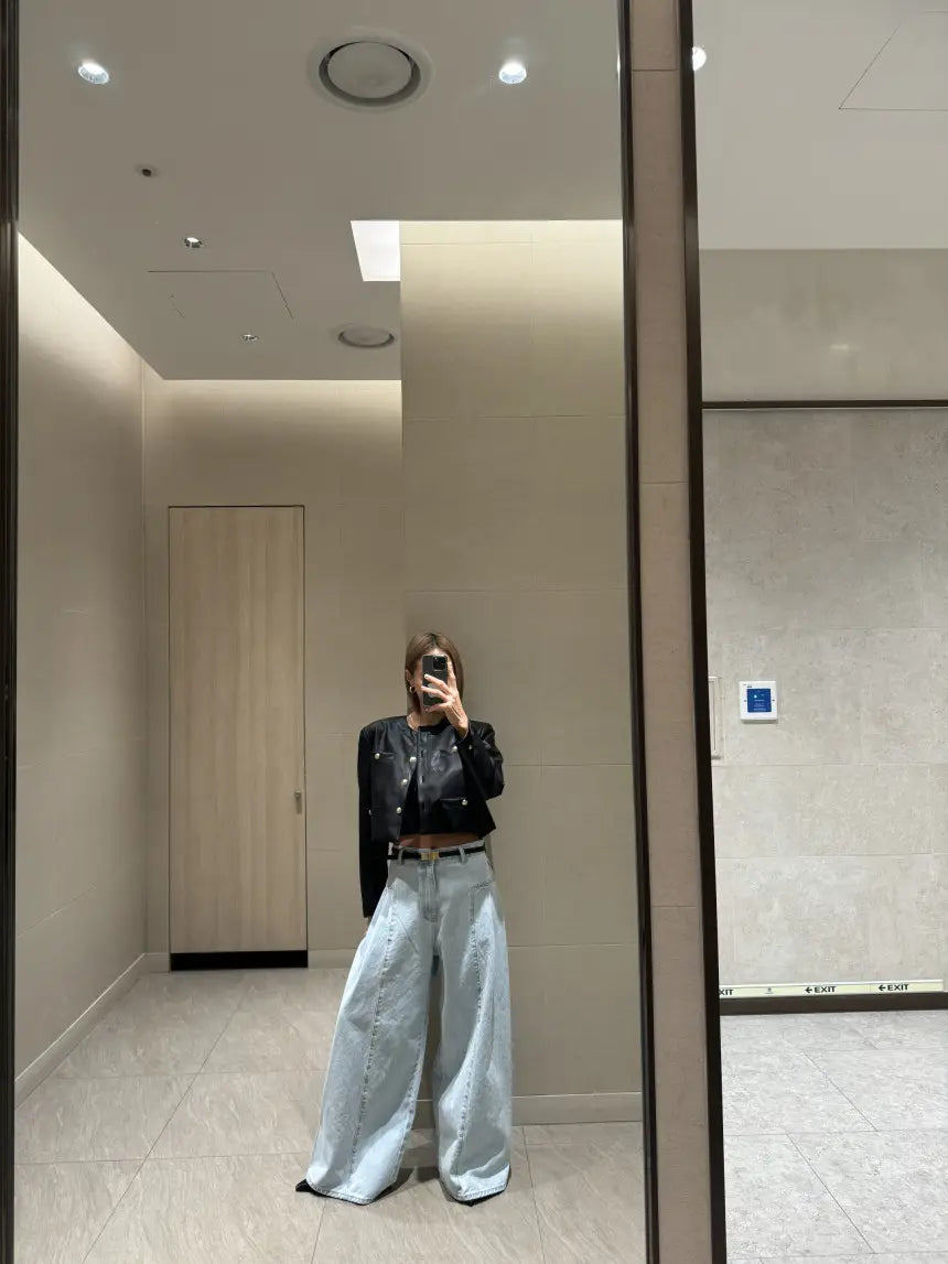 Women’s Korean-style Temperament High Waist Pleated Stitching Wide-leg Jeans