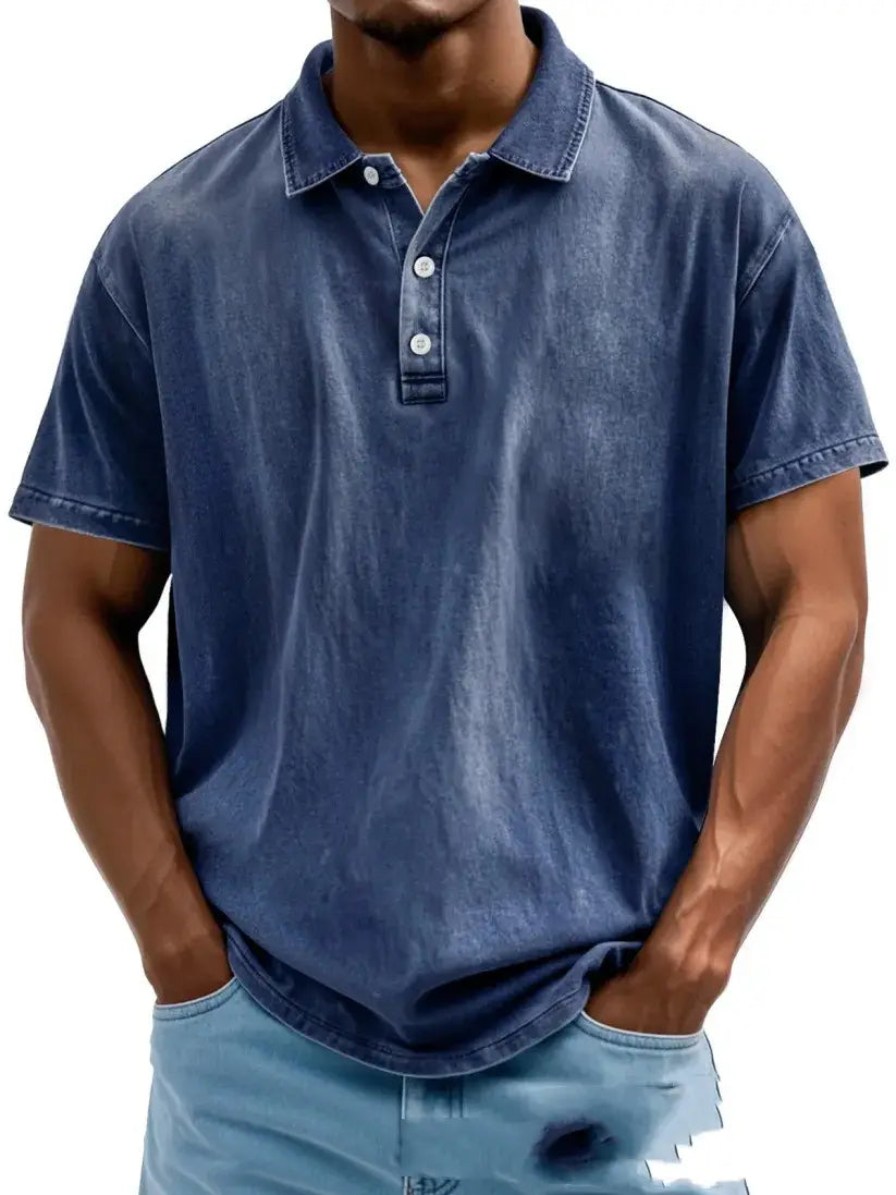 Men’s Fashion Retro Washed Distressed Cotton Lapel Short Sleeve