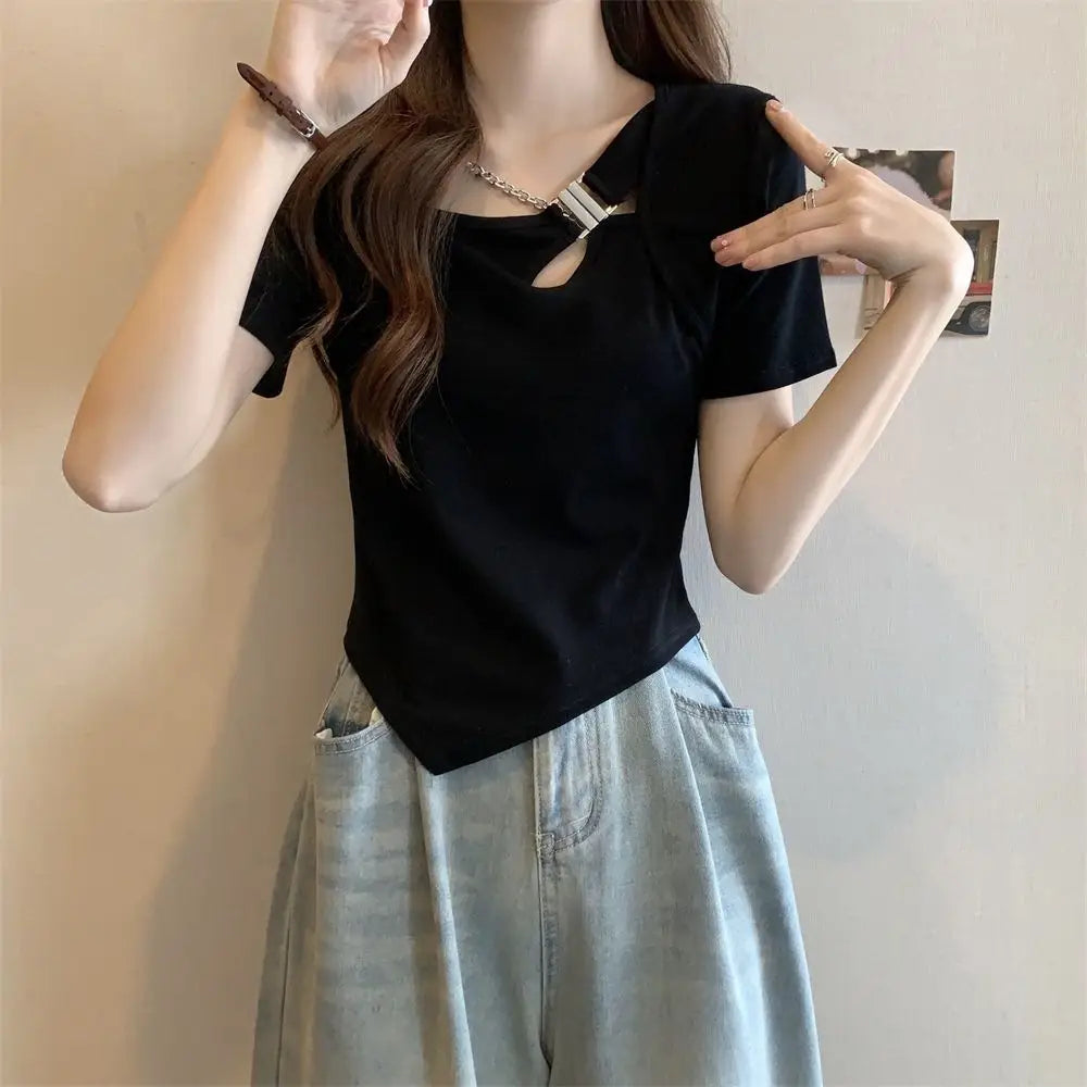Slim Fit And Thin Cover Belly Hot Girl Irregular Short-sleeved T-shirt For Women