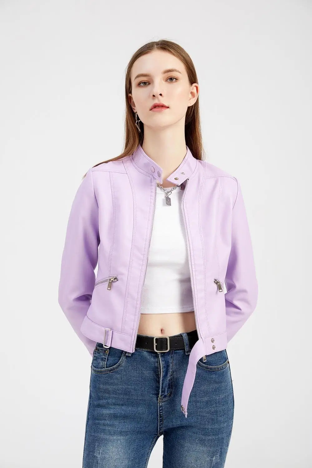 Women’s Short Leather Jacket Stand Collar Jacket Thin