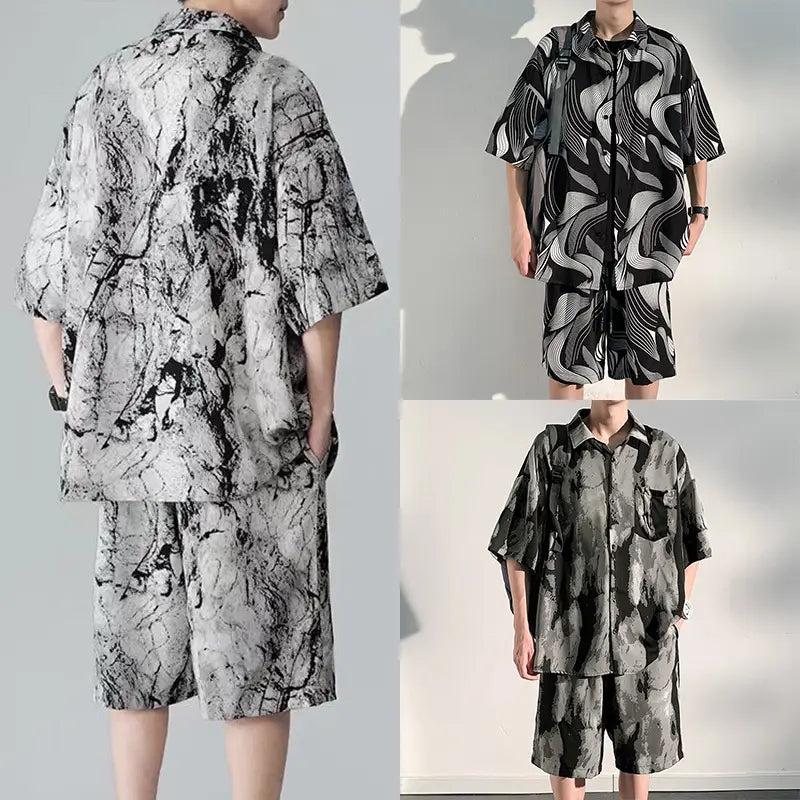 Cool Feeling Ice Silk Short Sleeve Shirt Shorts Loose And Handsome Clothes Set