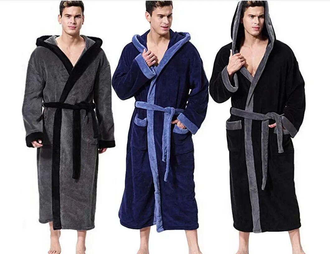Men’s Simple Colorblock Hood Patch Pocket Bathrobe