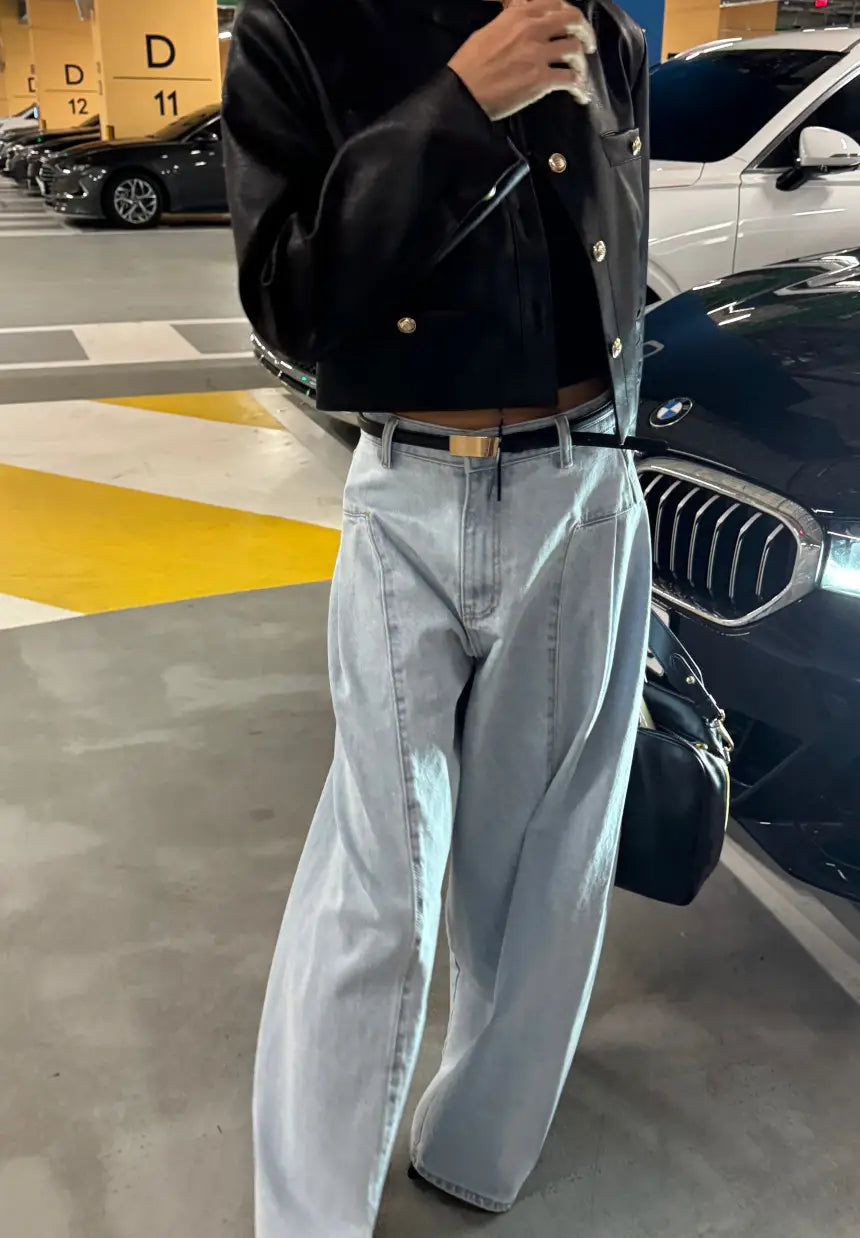 Women’s Korean-style Temperament High Waist Pleated Stitching Wide-leg Jeans