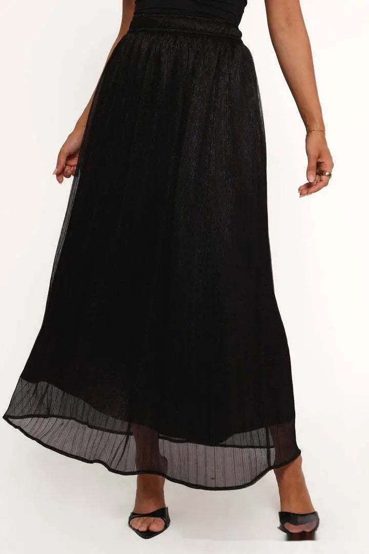Solid Color Streamer Yarn Skirt Women’s Summer High Waist Slimming A- Line Bright Silk Skirt French Style