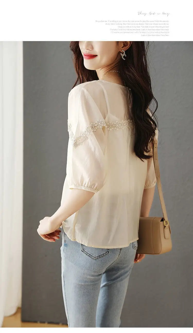 Design Sense Puff Sleeve Shirt Women’s Lace