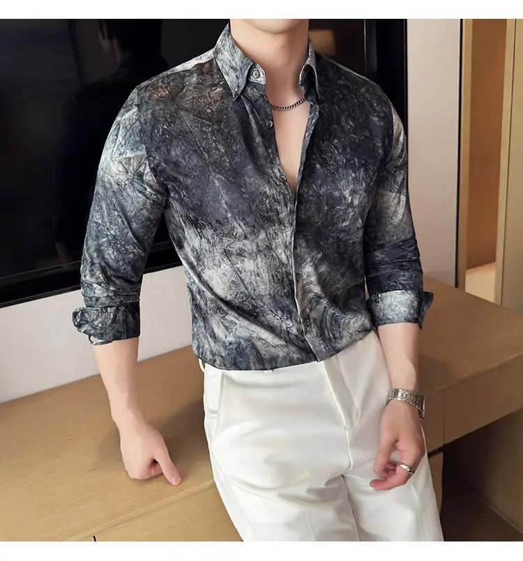 Trendy Tie-dye Printed Shirt Men’s Long Sleeve Spring Slim-fitting