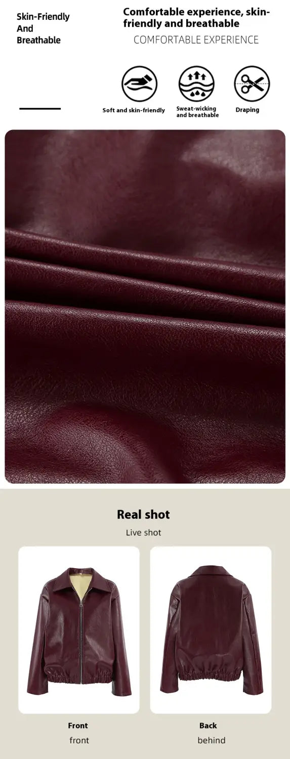 Retro Biker’s Style Wine Red European And American Handsome Matte Leather Jacket Coat
