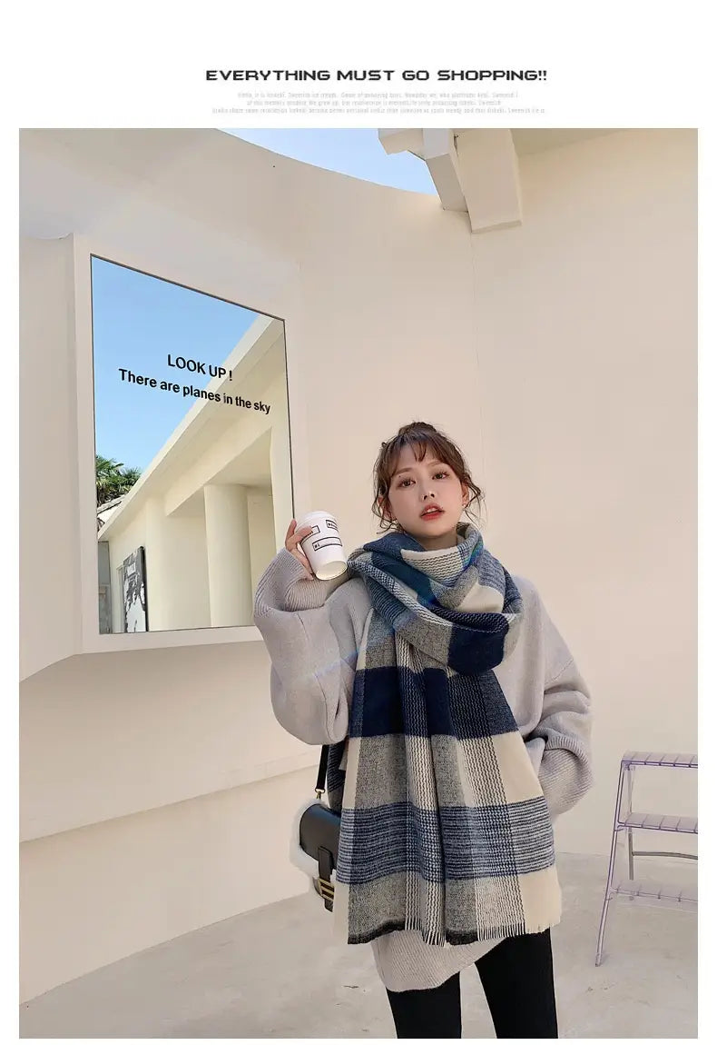Women’s Japanese-style White And Blue Plaid Scarf