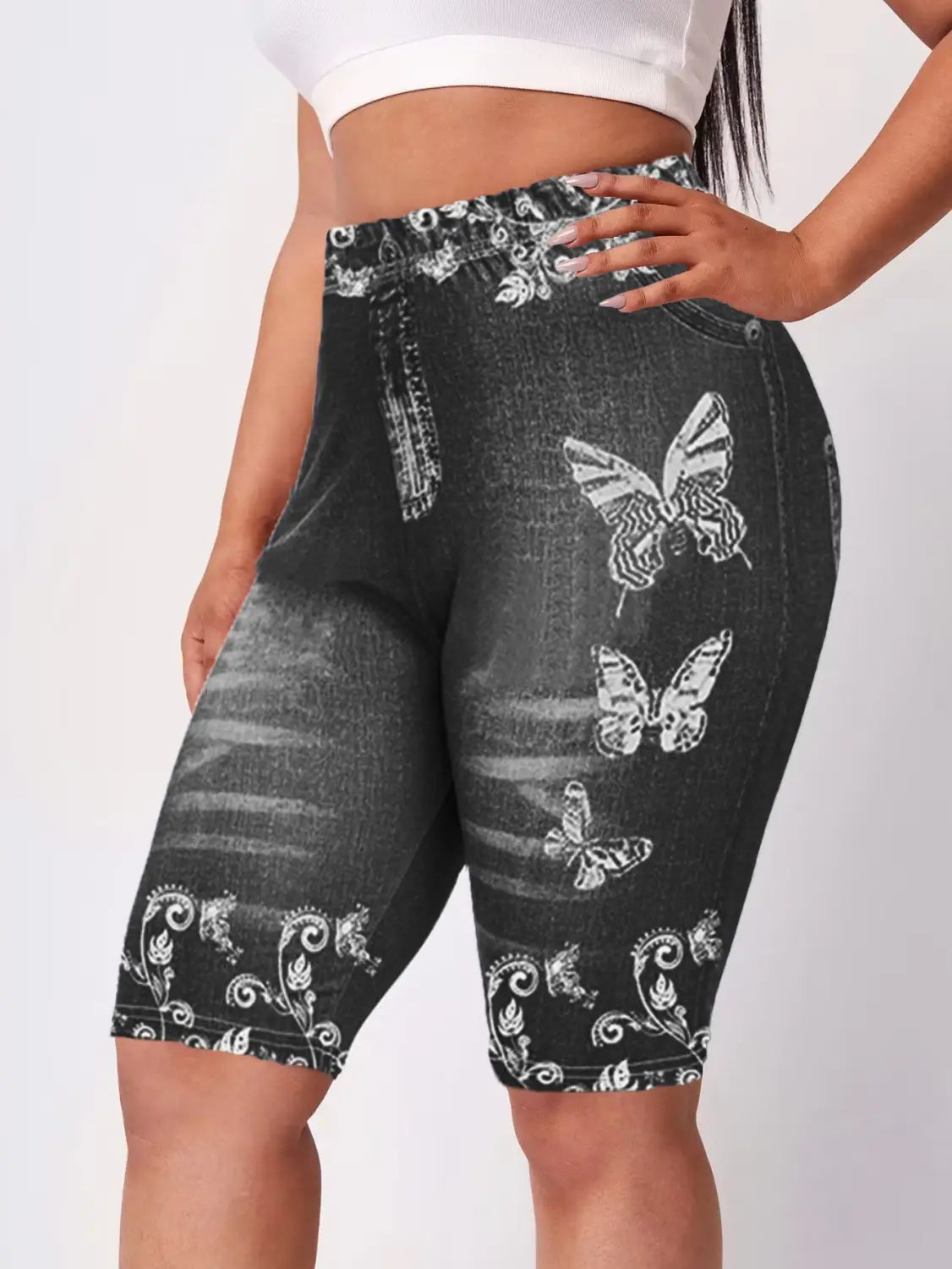 Printed Denim Butterfly Sports Leggings