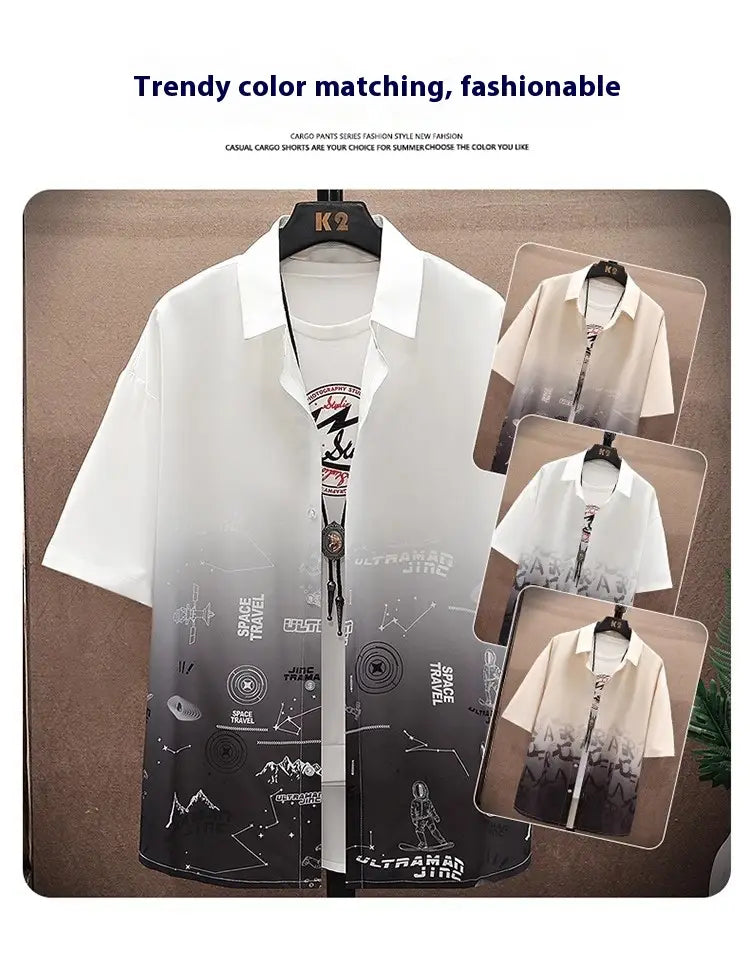 Summer Thin Ice Silk Shirt Loose Collar T-shirt Fattening Type Fat Man