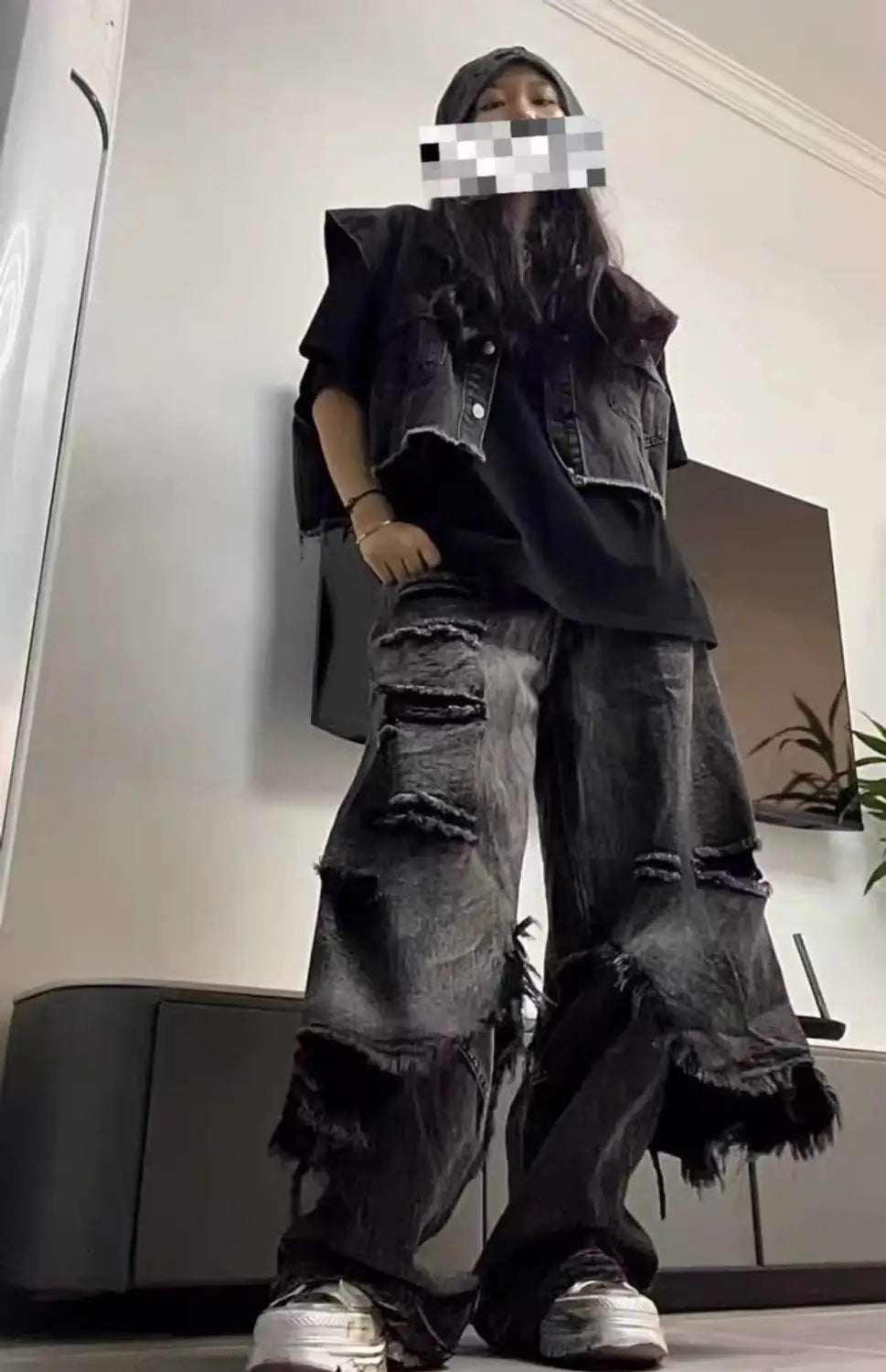 High Street Distressed Cargo Jeans Wide Leg Trousers